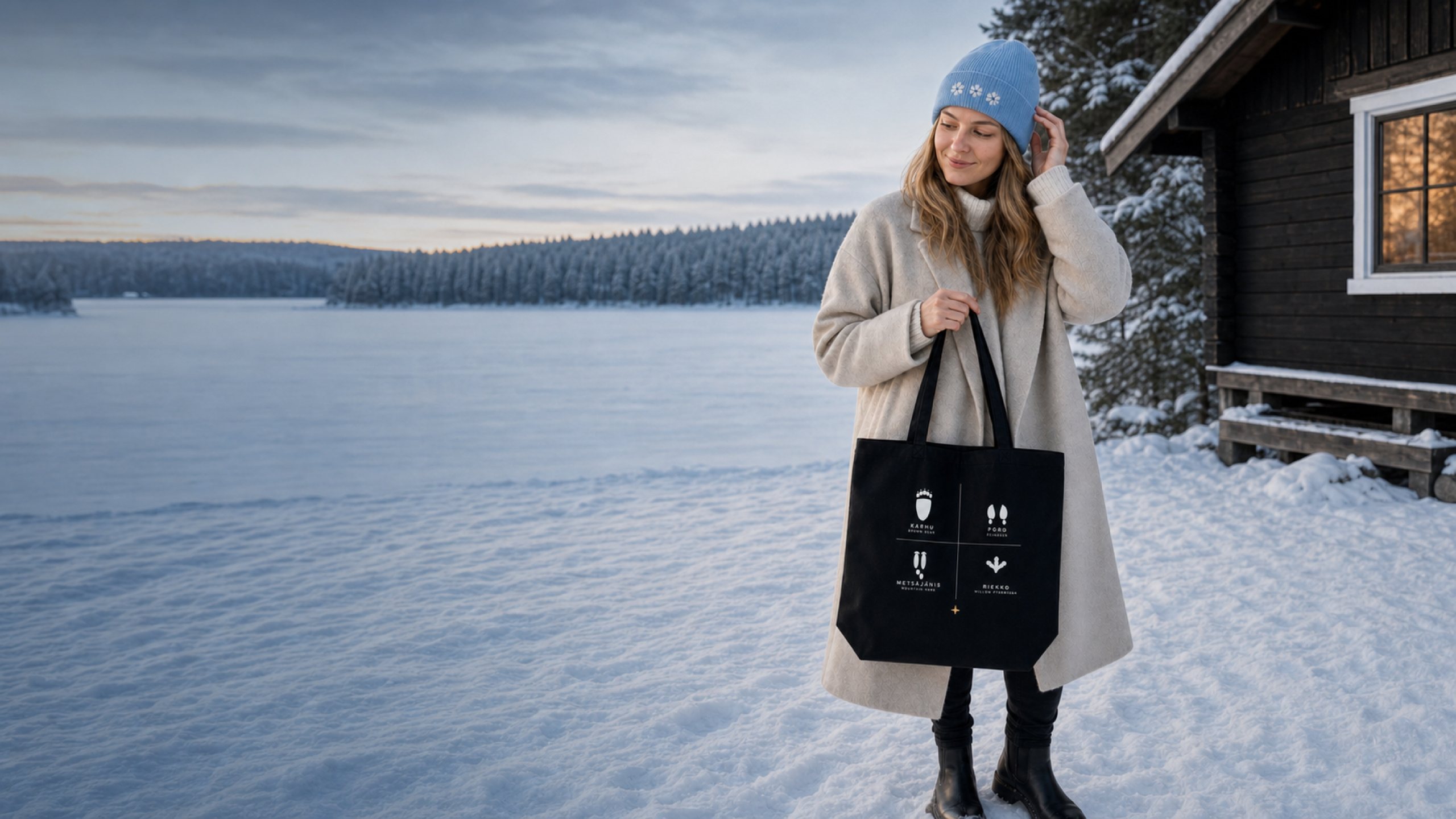 Norrwild beanies and a tote bag at a cabin