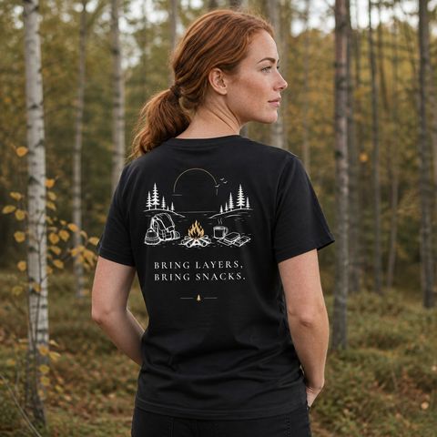 Bring Layers, Bring Snacks, worn on a trail in the northern forest