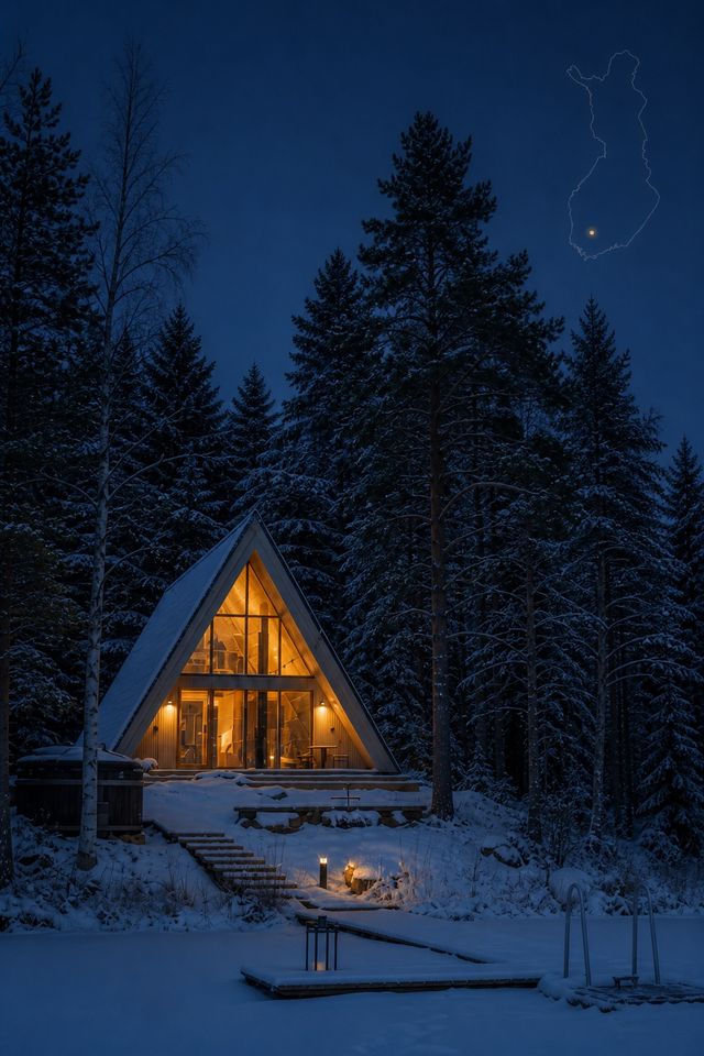 A-frame cabin glowing warm at blue hour in a snowy Finnish forest
