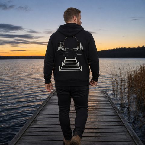Dock at the Lake Hoodie, worn outdoors in the north