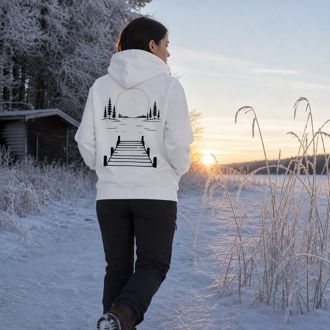 Dock at the Lake Hoodie, worn outdoors in the north