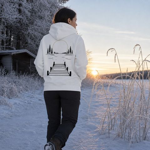Dock at the Lake Hoodie, worn on a trail in the northern forest