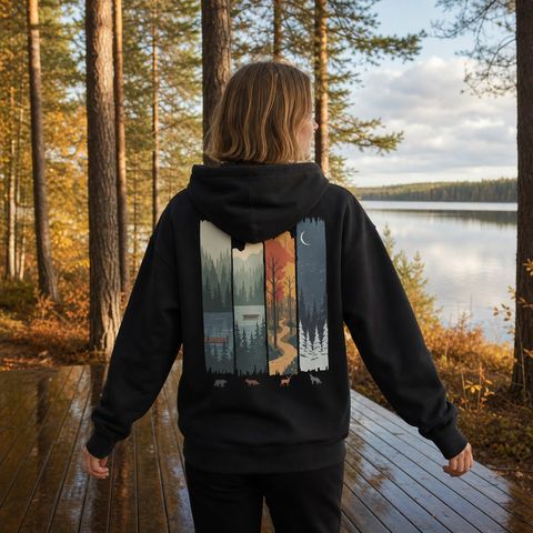 Four Seasons Hoodie, worn outdoors in the north