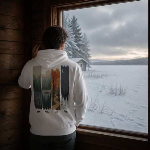 Four Seasons Hoodie, worn on a trail in the northern forest