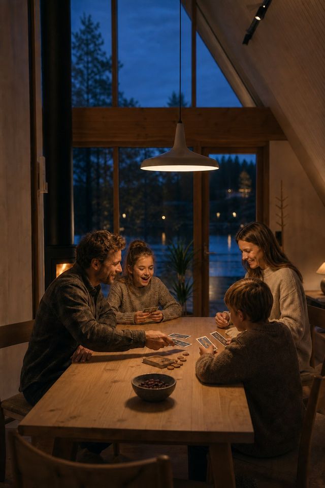 A family playing cards by lamplight at the table of an A-frame cabin, lake dark through the window