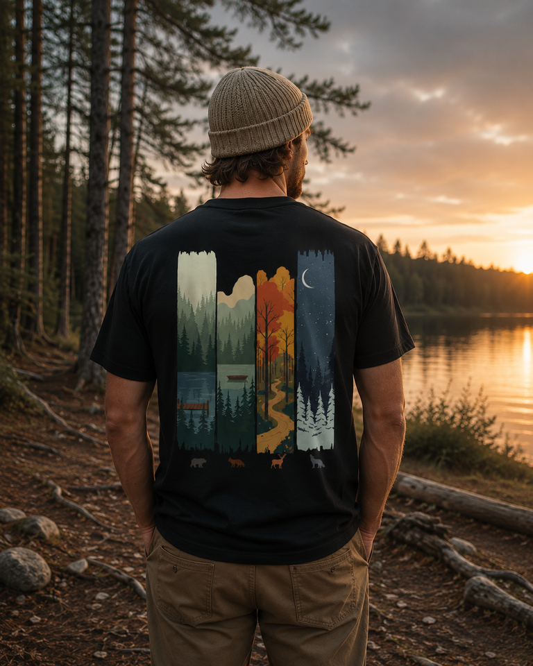 Four Seasons tee worn on a forest trail by a lake at sunset