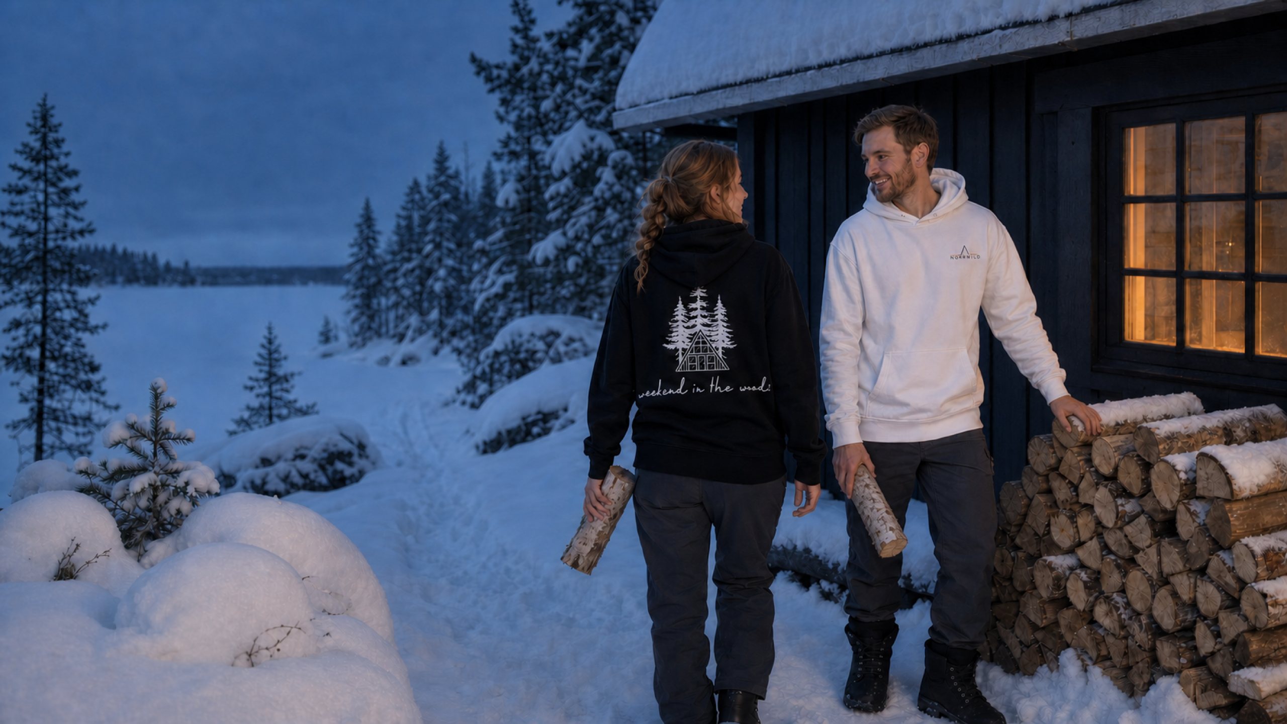 A couple carrying firewood to a snow-covered cabin at blue hour, one in the black Weekend in the Woods hoodie, one in a white Norrwild hoodie