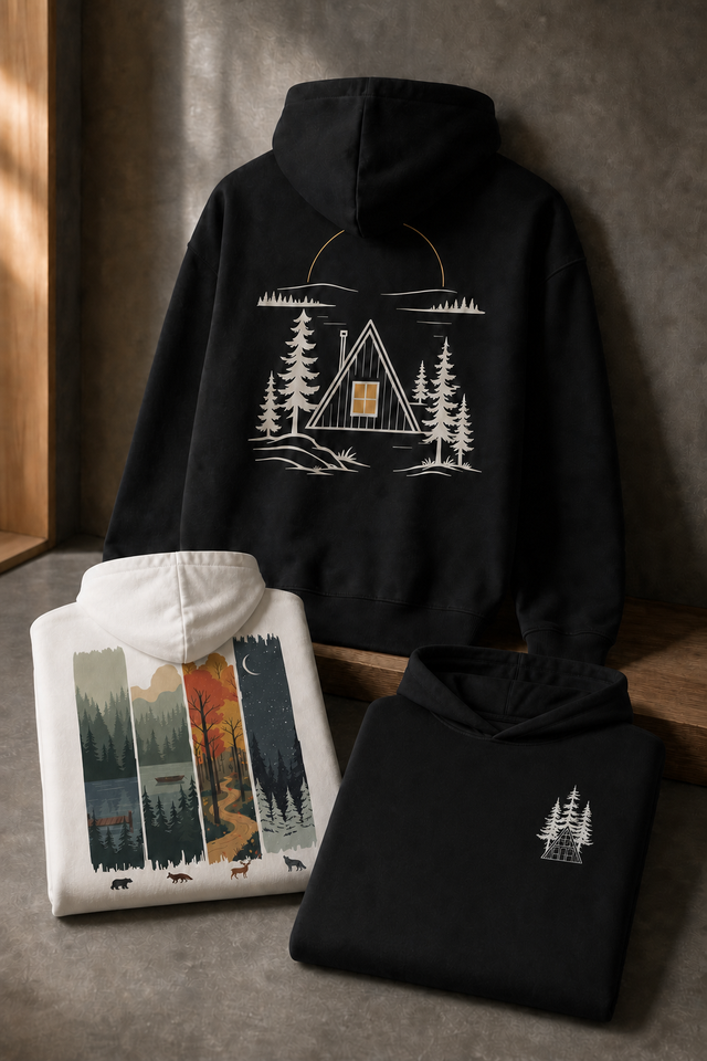 Three Norrwild hoodies: the A-frame cabin backprint in black, the Four Seasons backprint in white, and a folded black hoodie with a small chest print
