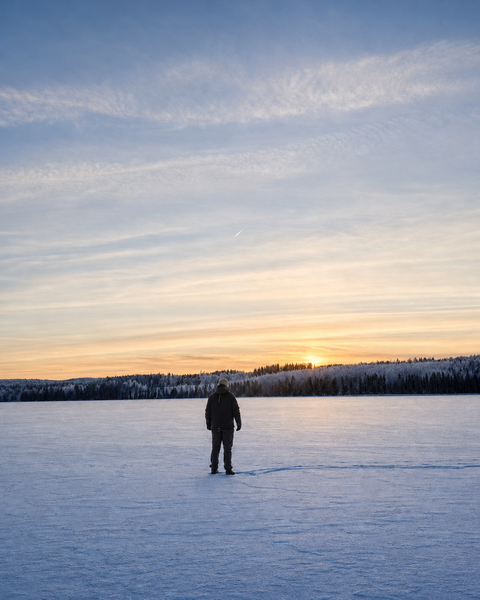A lone figure standing on a frozen lake at sunset, treeline on the far shore