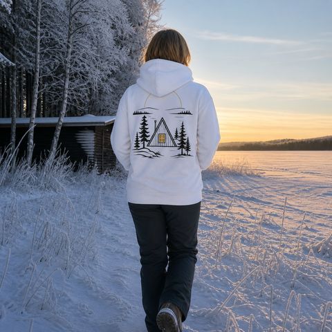 Quiet Is a Destination Hoodie, worn on a trail in the northern forest