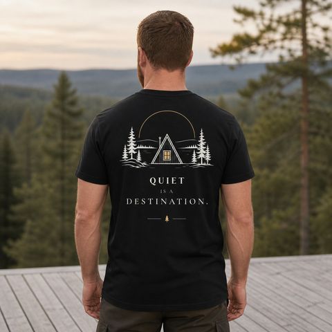Quiet Is a Destination, worn on a trail in the northern forest