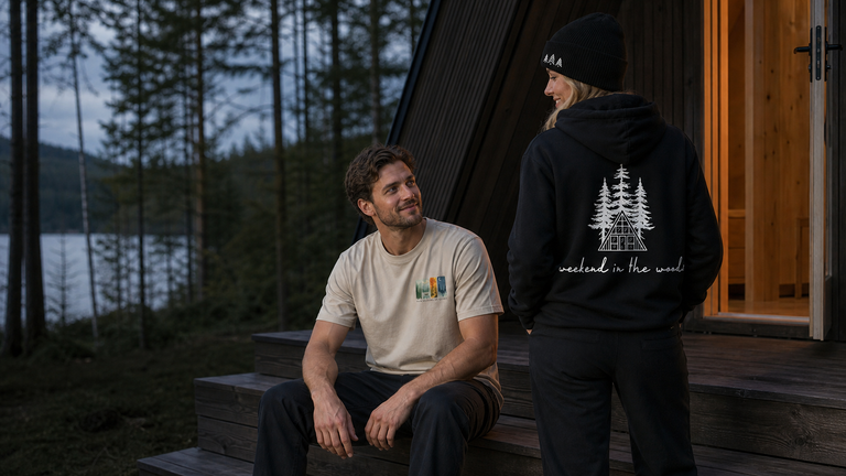 A couple on the steps of a black A-frame cabin at dusk, one in a Norrwild tee, one in a hooded sweatshirt and beanie, the lake behind them