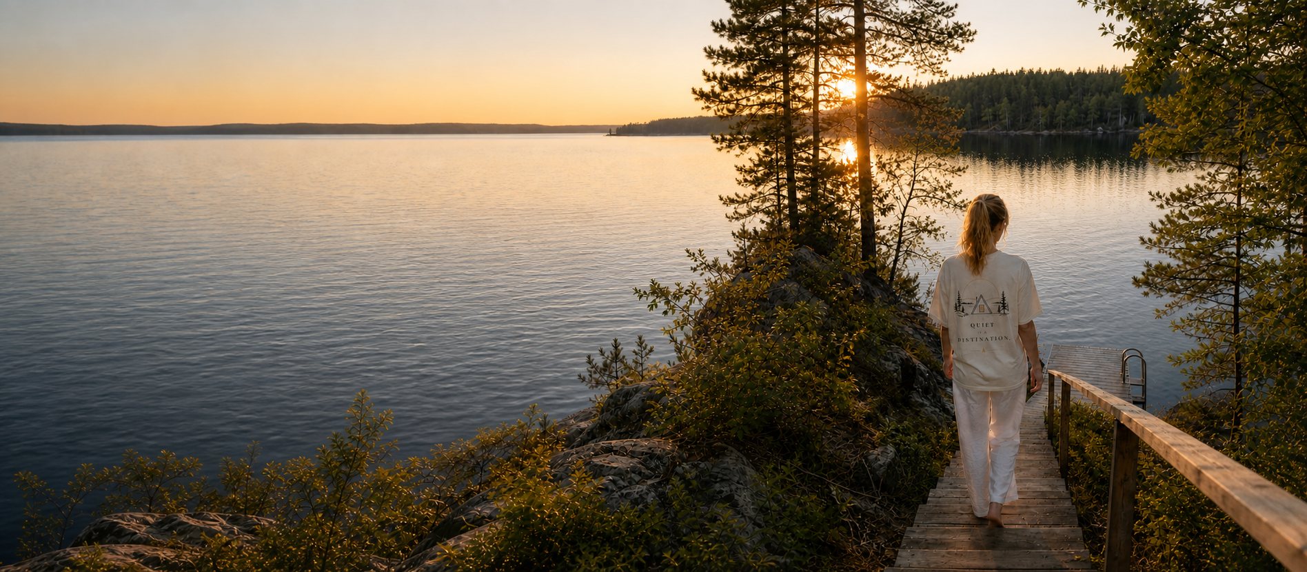 A woman walking down a wooden jetty at sunset in the Quiet Is a Destination tee, the lake and forest behind her