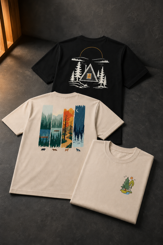 Three Norrwild tees laid out together: the A-frame cabin backprint in black, the Four Seasons backprint in sand, and a folded tee with a small chest print