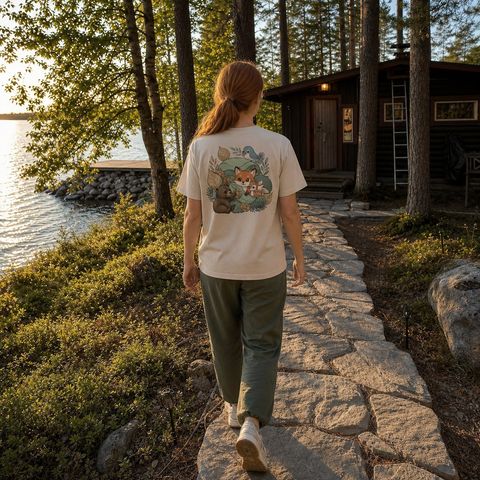 Tiny Cabin Friends, worn on a trail in the northern forest