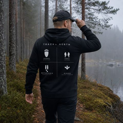 Tracks North Hoodie, worn on a trail in the northern forest