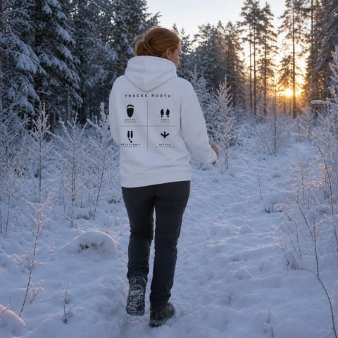 Tracks North Hoodie, worn outdoors in the north