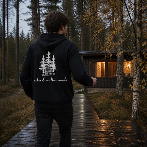 Weekend in the Woods Hoodie, worn on a trail in the northern forest