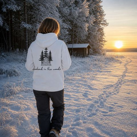 Weekend in the Woods Hoodie, worn outdoors in the north